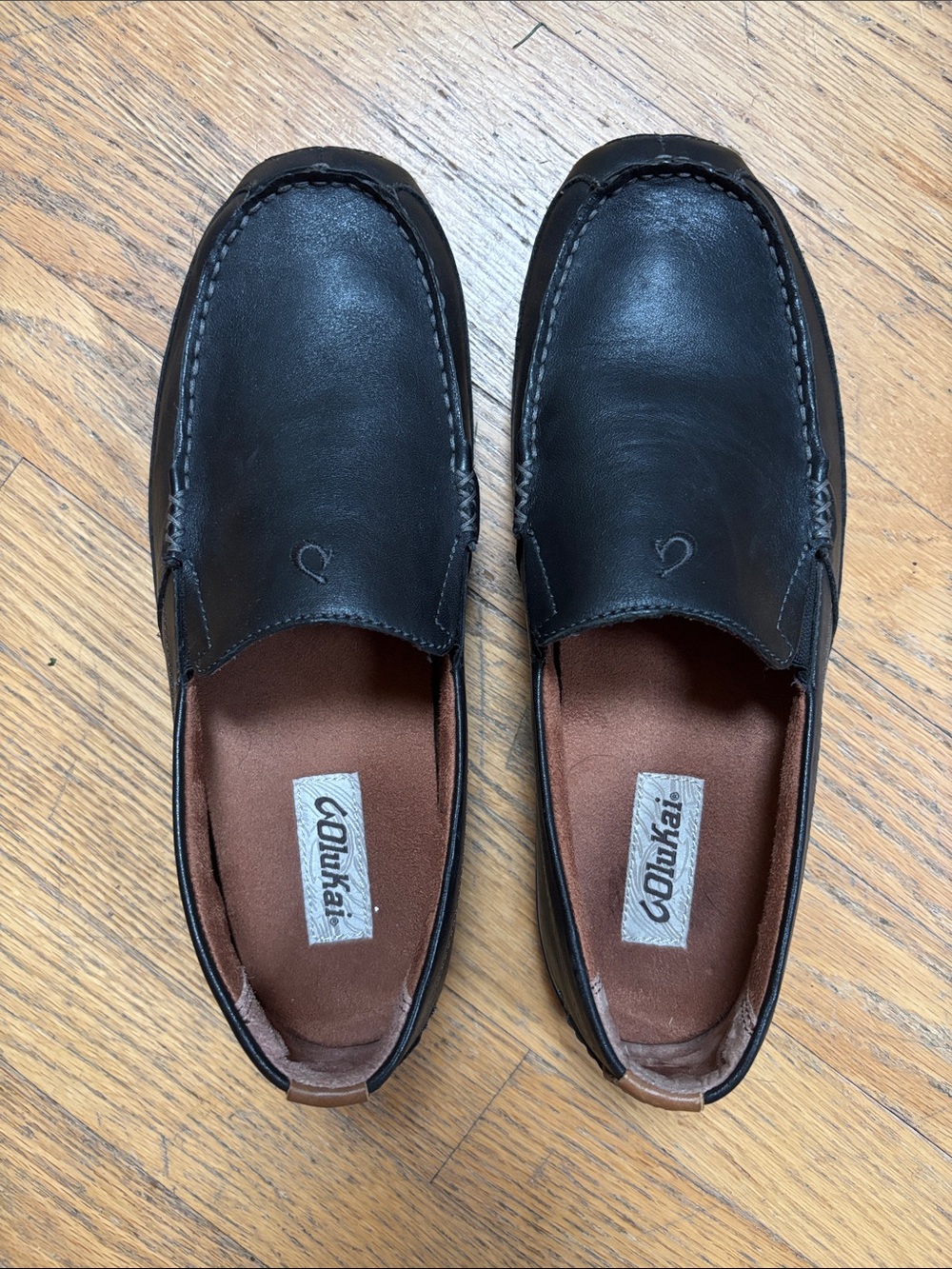 OluKai Men's Black Leather Slip-On Loafers